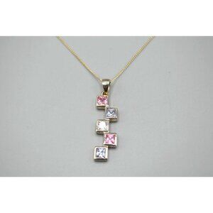 Square Rhinestone Drop Pendant Necklace Sterling Silver 925 MHJ 3.8g 9.25" Pink